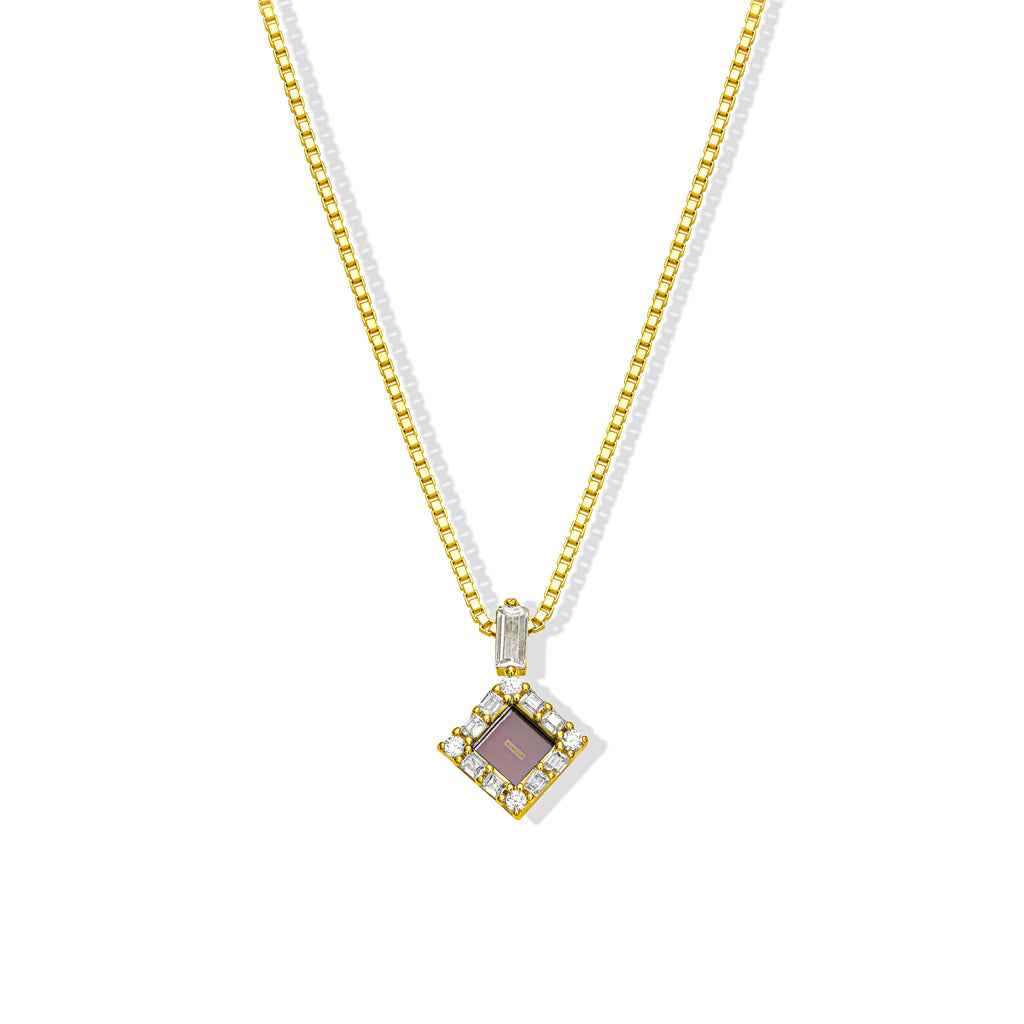 Dawn framed square pendant on a fine chain, shown on a white background
